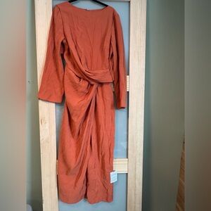 Modern Draped Sculptural Midi Dress Rust Wedding Guest NWT